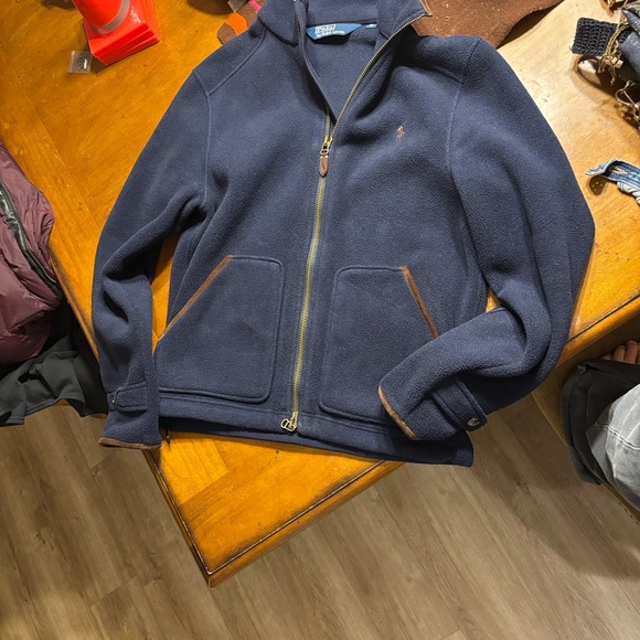 Polo by Ralph Lauren Fleece Navy Jacket with Brown Trim - Picture 2 of 11